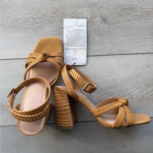 Braided Block Heel Sandals - Tan Wedge Heels